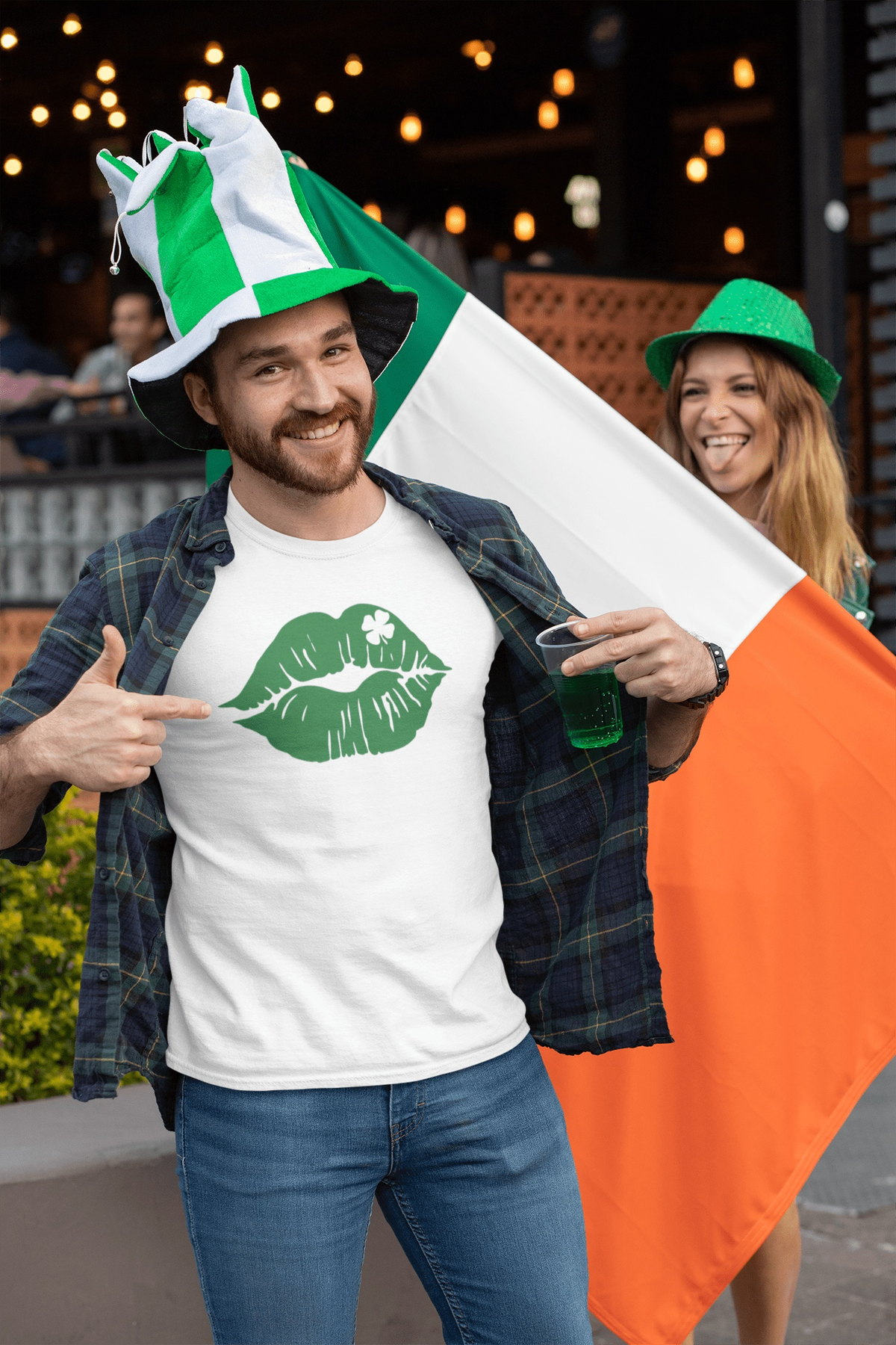 St. Patrick's Day T-shirt, white cotton with a green lip print and small shamrock detail on the lips.