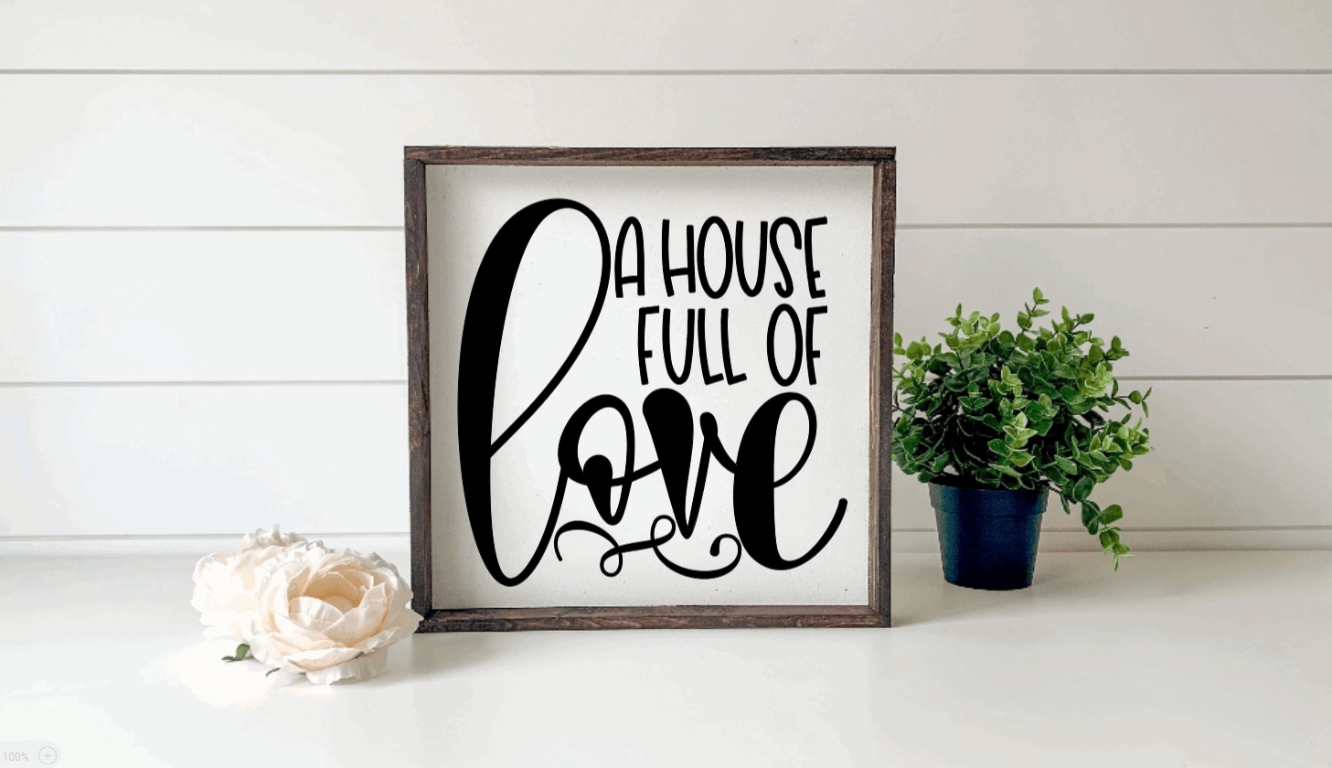 Handmade rustic wood sign with "A House Full of Love" quote, framed with customizable options in white or black background.