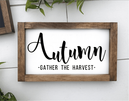 Autumn gather the harvest wood sign with rustic distressed finish and customizable options.