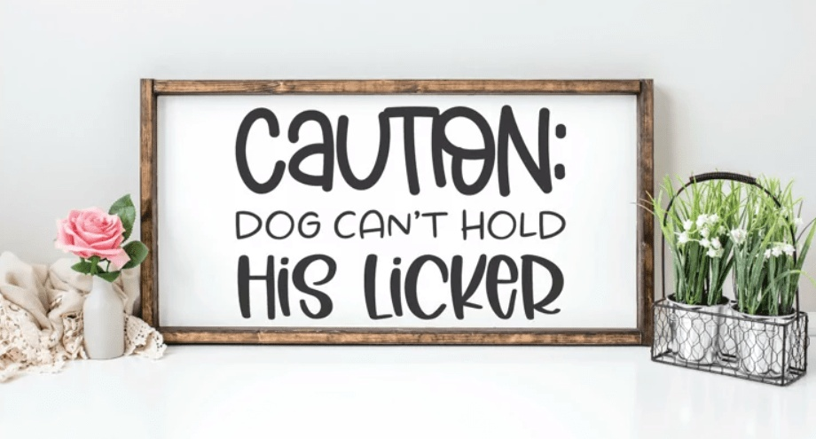 Purple LadyBug Decor Sign Caution Dog Can't Hold His Licker Framed Sign