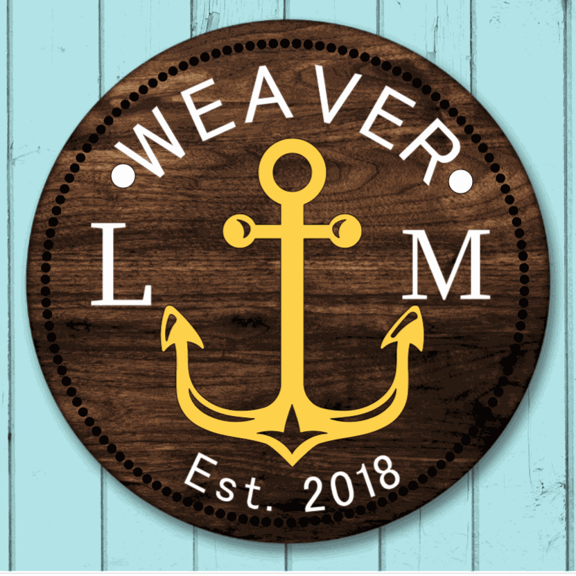 Custom family wood door sign with anchor design, personalized with last name and initials, suitable for housewarming or wedding gifts.