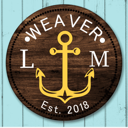Custom family wood door sign with anchor design, personalized with last name and initials, suitable for housewarming or wedding gifts.