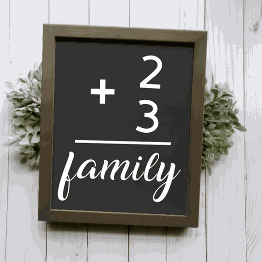 Handmade rustic wood family sign with a math flashcard design, featuring a customizable frame and lettering.
