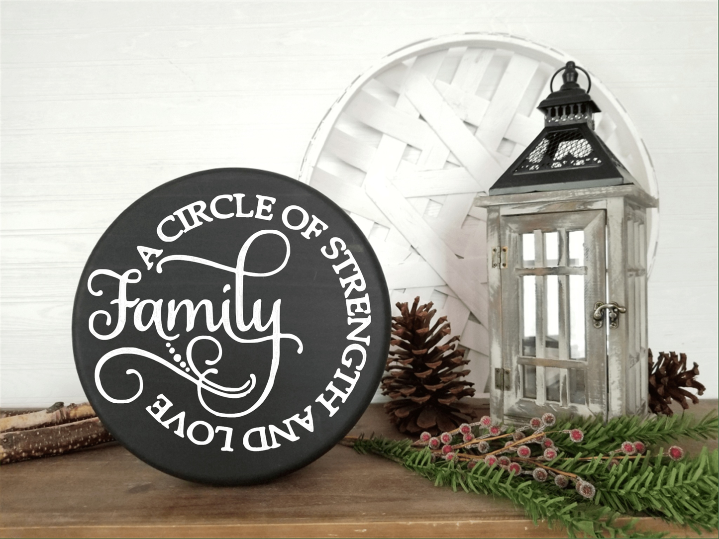 Round wooden family door sign with "A Circle of Strength and Love" text, handcrafted from solid knotty pine, ideal for indoor or outdoor decor.
