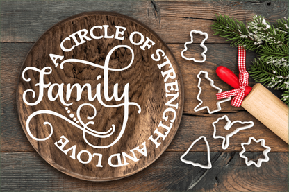 Handcrafted wooden family door sign with decorative text "A Circle of Strength and Love" surrounded by baking items and greenery.