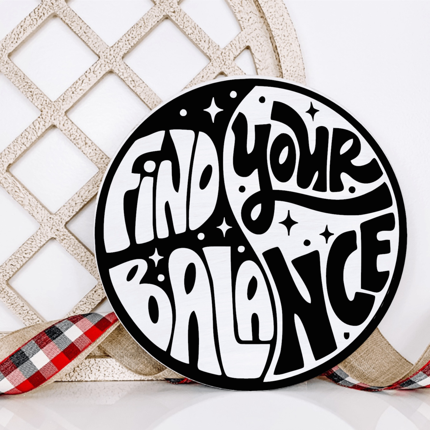 Round wooden "Find Your Balance" sign with yin-yang design, perfect for home decor.