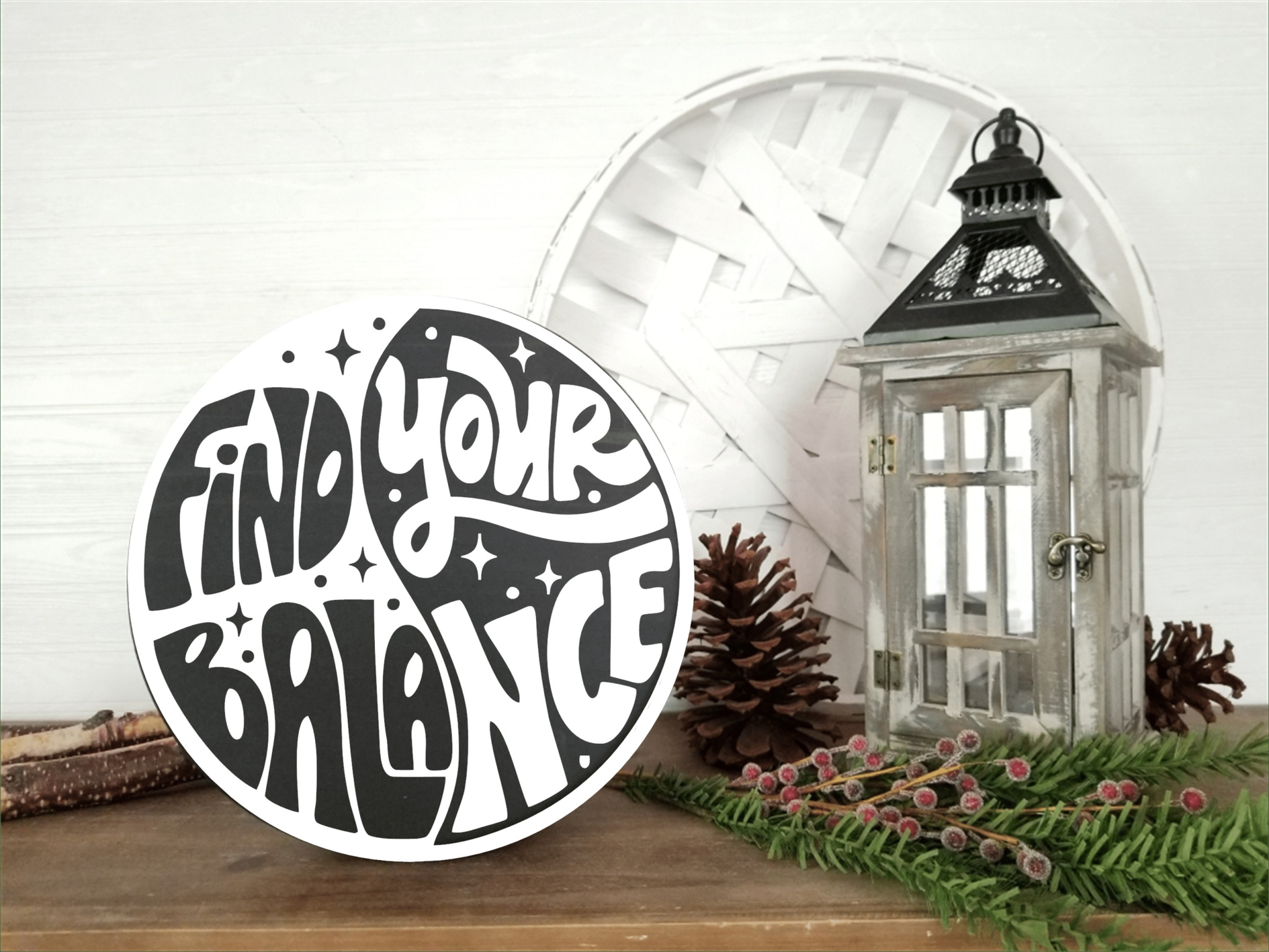 Round wooden sign with "Find Your Balance" in black and white yin-yang design, ideal for home décor and gifts.