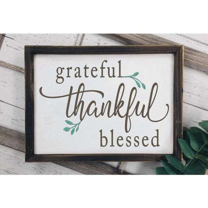 Handcrafted Grateful Thankful Blessed wood sign with rustic frame.