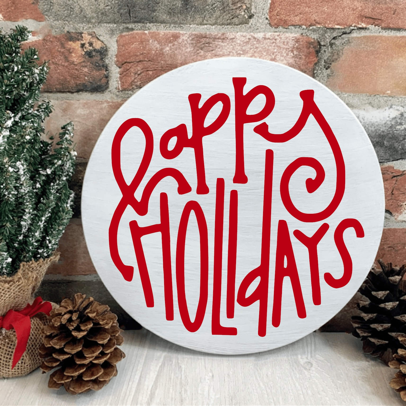 Happy Holidays wood sign with red lettering, perfect holiday decor accent.