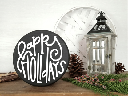 Happy Holidays wood sign with white lettering on black background, rustic decor for holiday display.