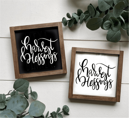 Harvest Blessings wooden framed sign with black and white background options.
