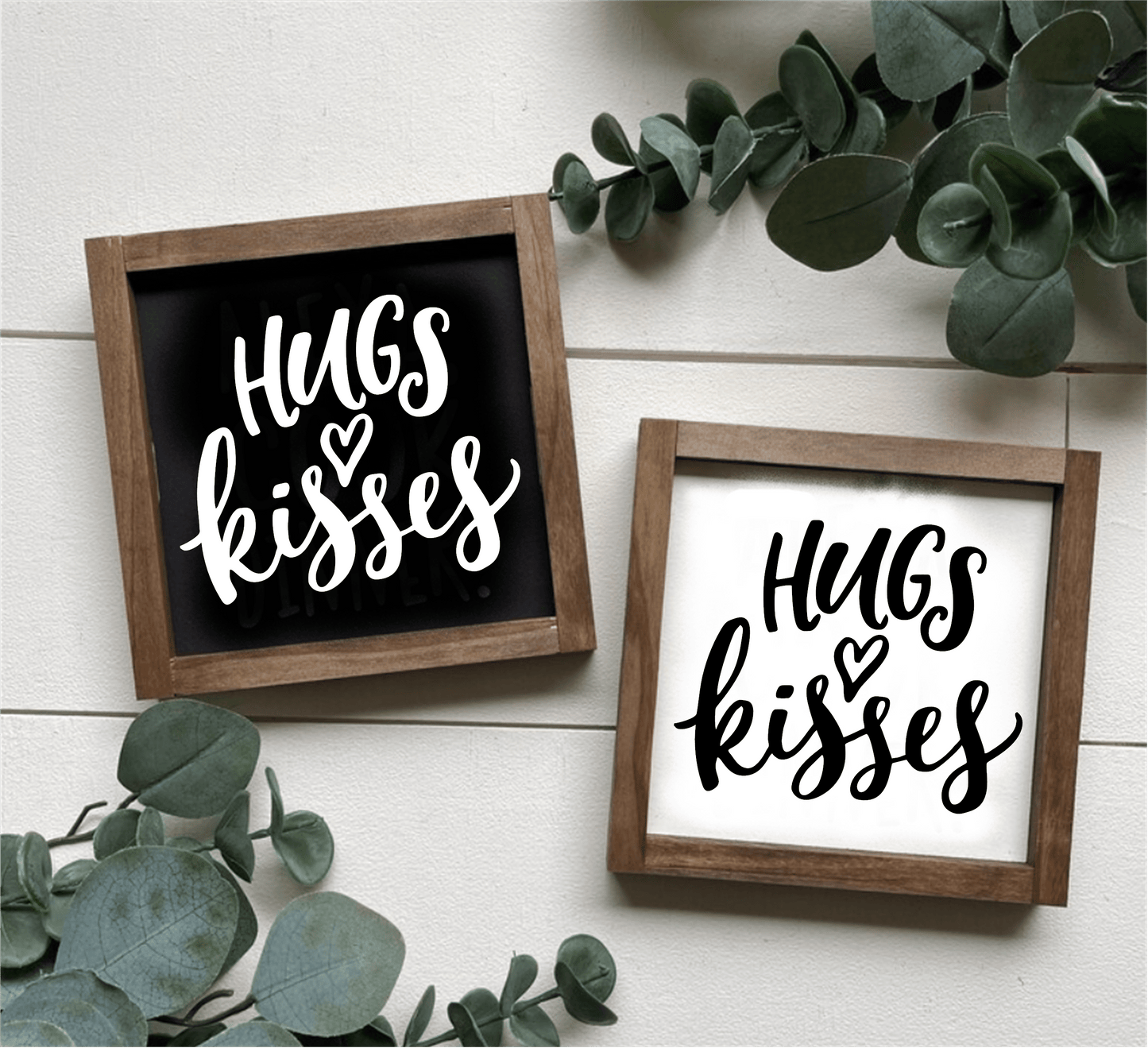 Hugs and Kisses handcrafted wood sign with black and white backgrounds, framed for wall decor.