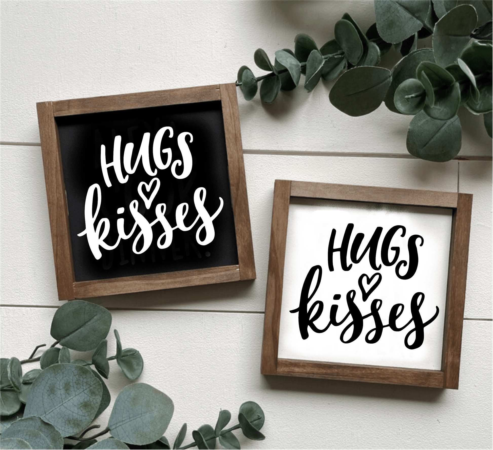 Hugs and Kisses handcrafted wood sign with black and white backgrounds, framed for wall decor.