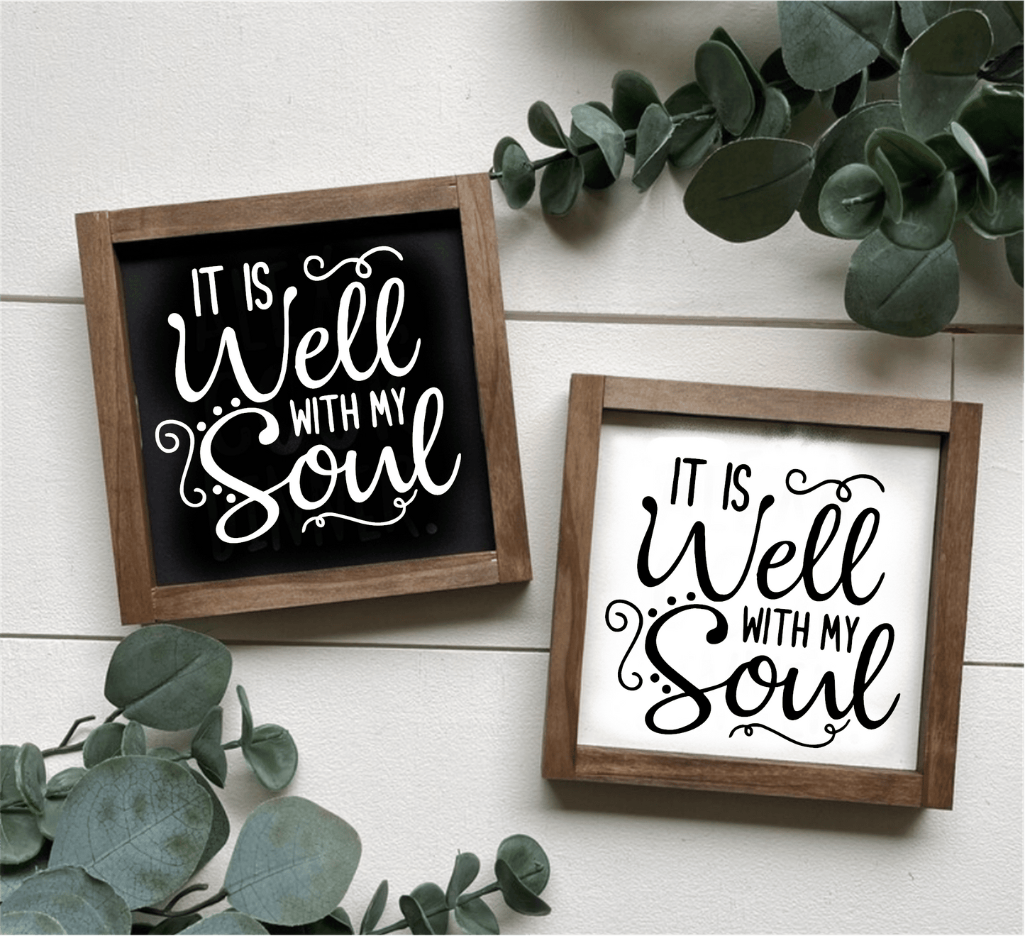 Handcrafted wood signs with "It is Well with My Soul" message in black and white designs.