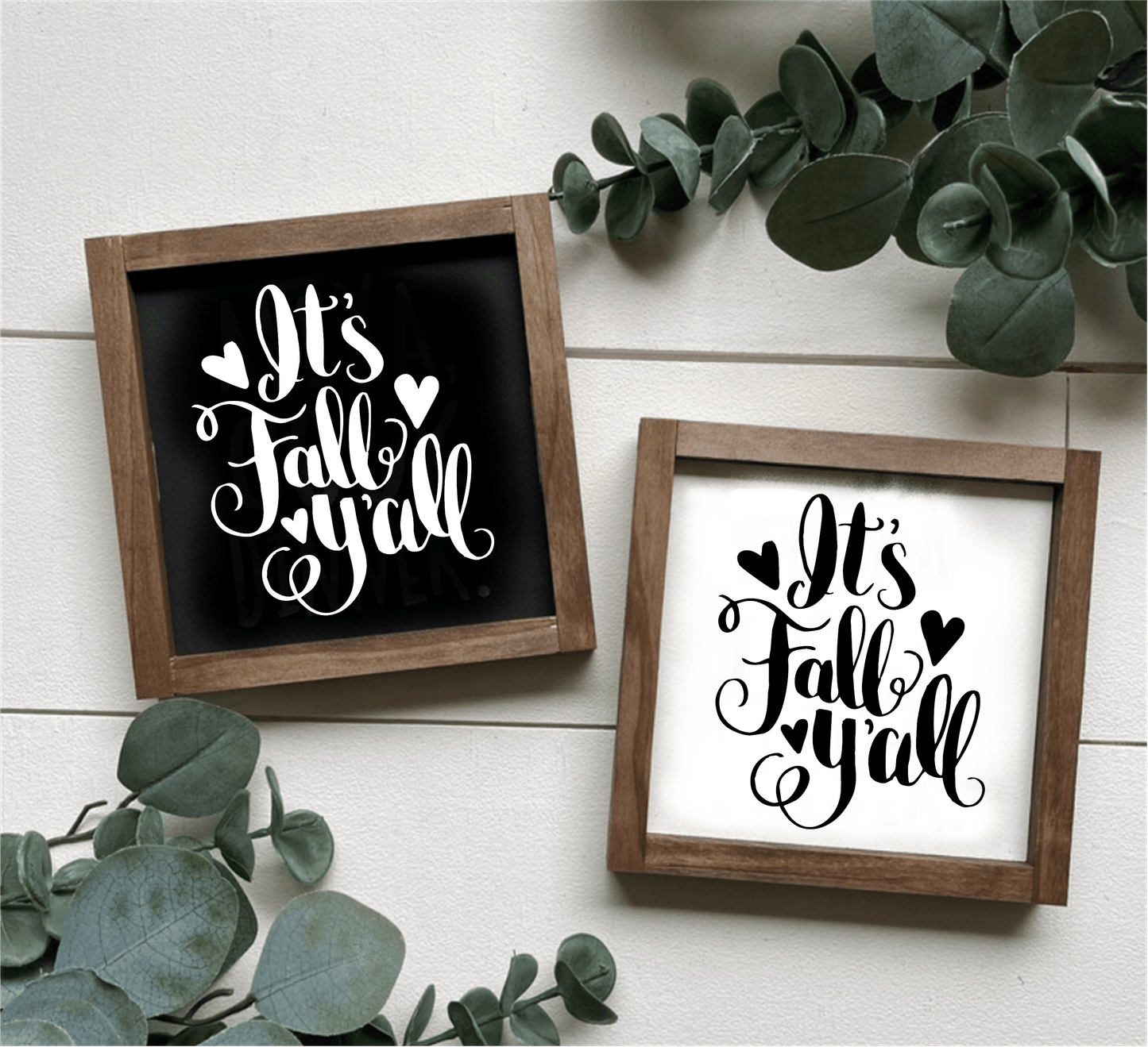Handcrafted "It's Fall Y'all" framed wood sign with black and white variations, perfect for autumn decor.