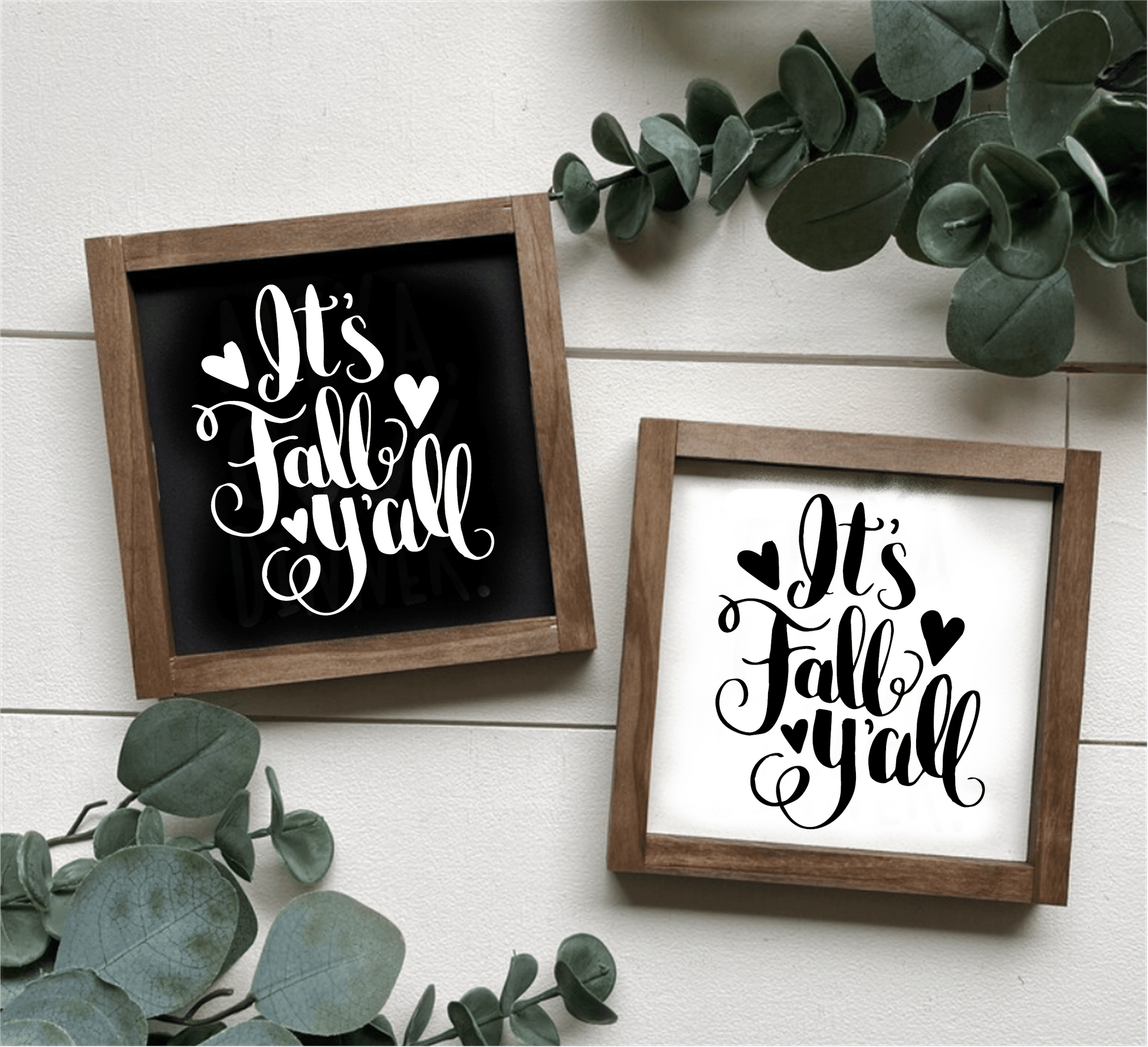 Handcrafted "It's Fall Y'all" framed wood sign with black and white variations, perfect for autumn decor.