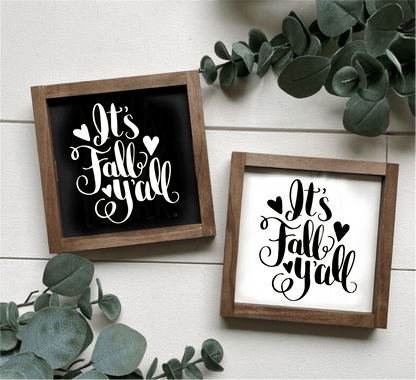 Handcrafted "It's Fall Y'all" framed wood sign with black and white variations, perfect for autumn decor.