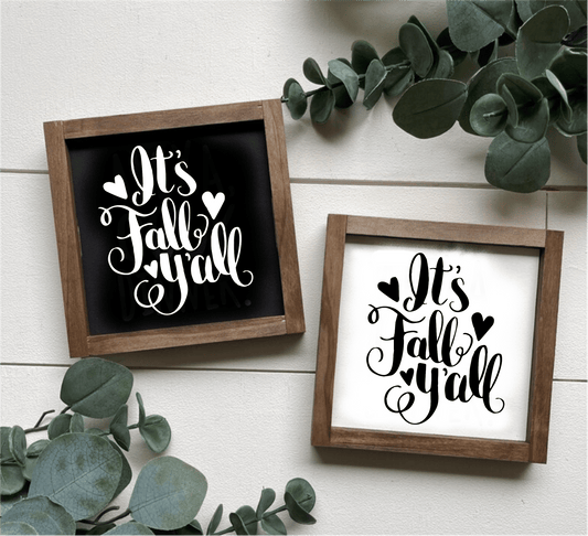 Handcrafted "It's Fall Y'all" framed wood sign with black and white variations, perfect for autumn decor.