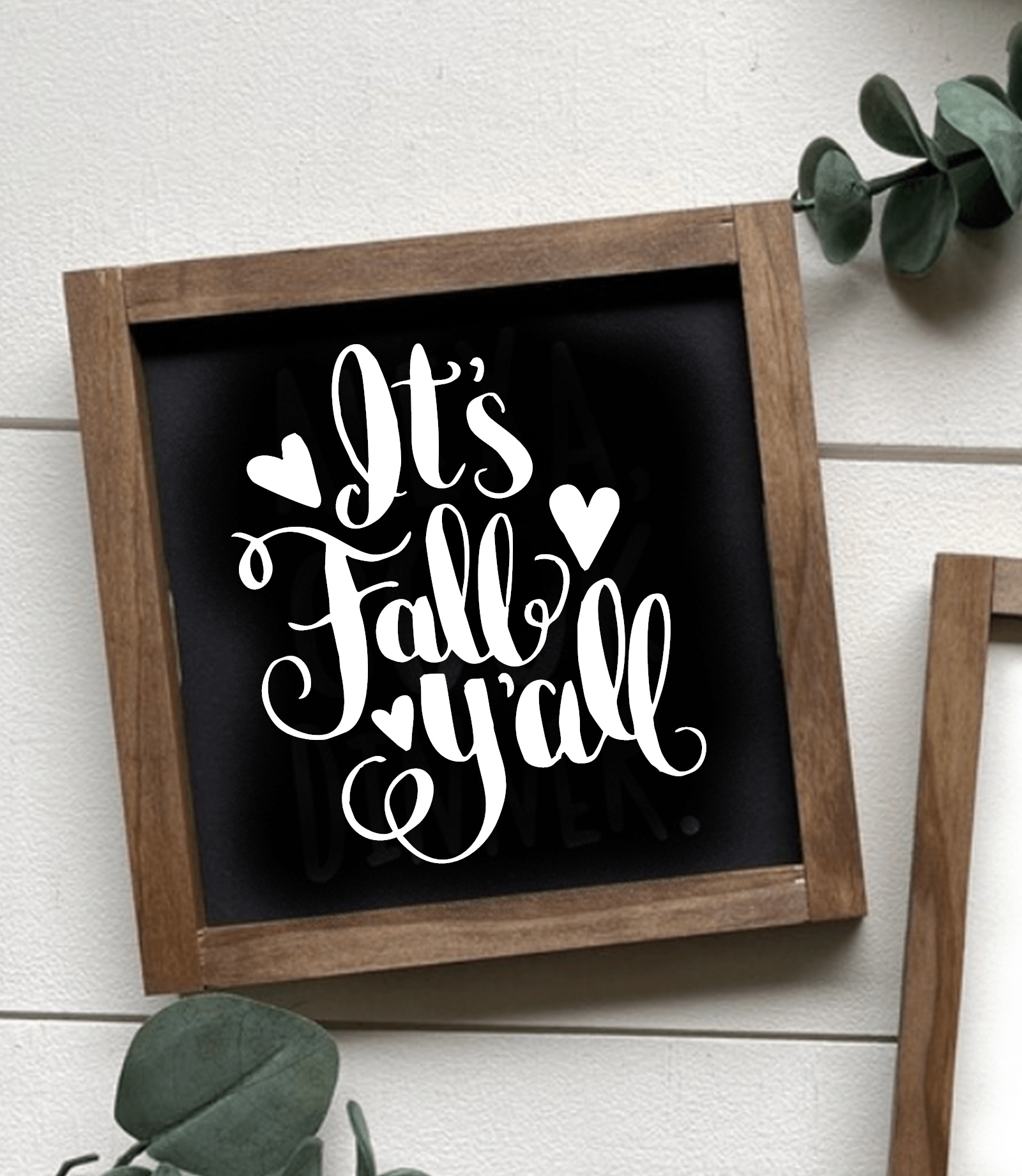 Handcrafted "It's Fall Y'all" wooden sign with black background and white lettering in a stained frame, perfect for seasonal decor.