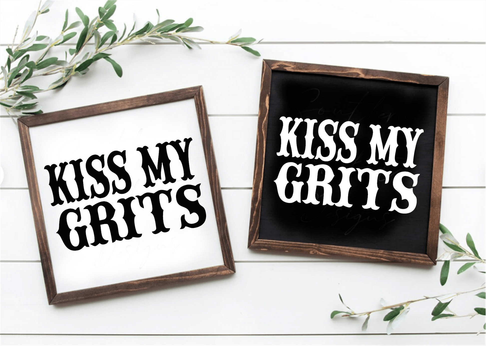 Handcrafted "Kiss My Grits" framed wood signs, black and white backgrounds, unique wood variations.