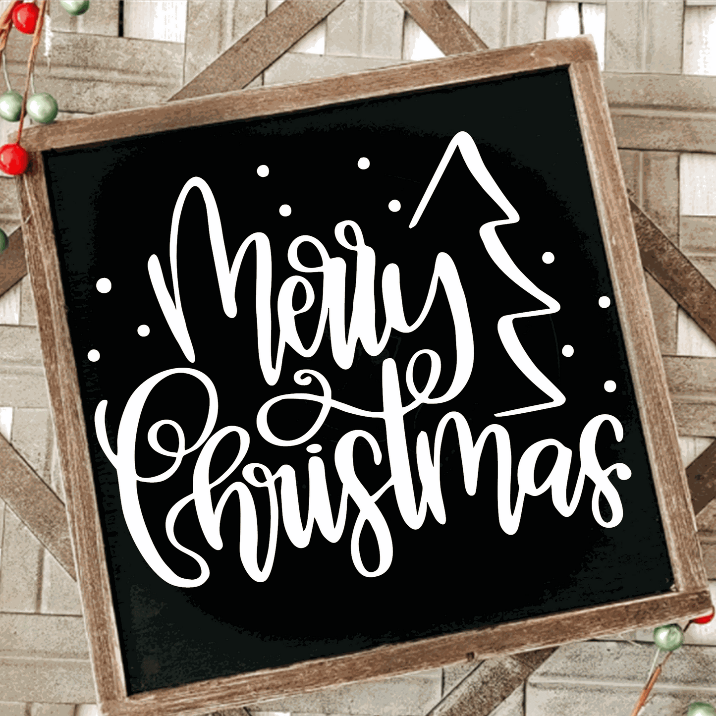 Merry Christmas handmade wood framed sign with white lettering on black background, featuring a festive tree design, 12x12 inches, hanging hardware included.
