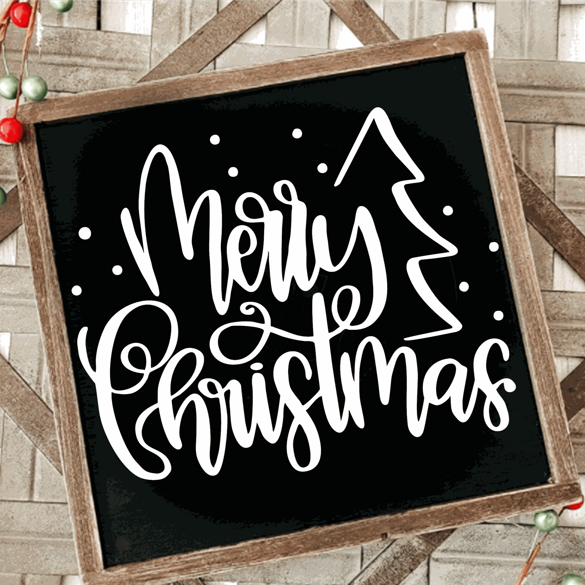 Merry Christmas handmade wood framed sign with white lettering on black background, featuring a festive tree design, 12x12 inches, hanging hardware included.