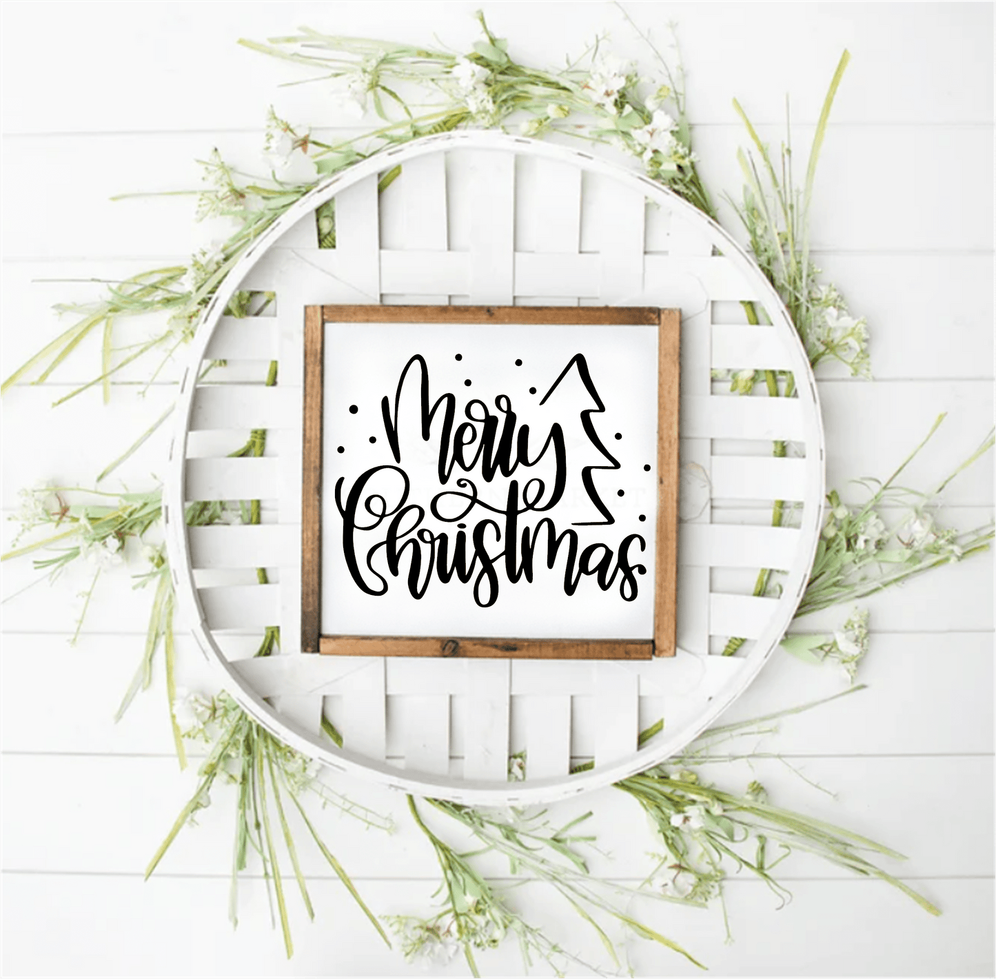 Handmade Merry Christmas wood framed sign with antique white background, black lettering, and pine wood frame.