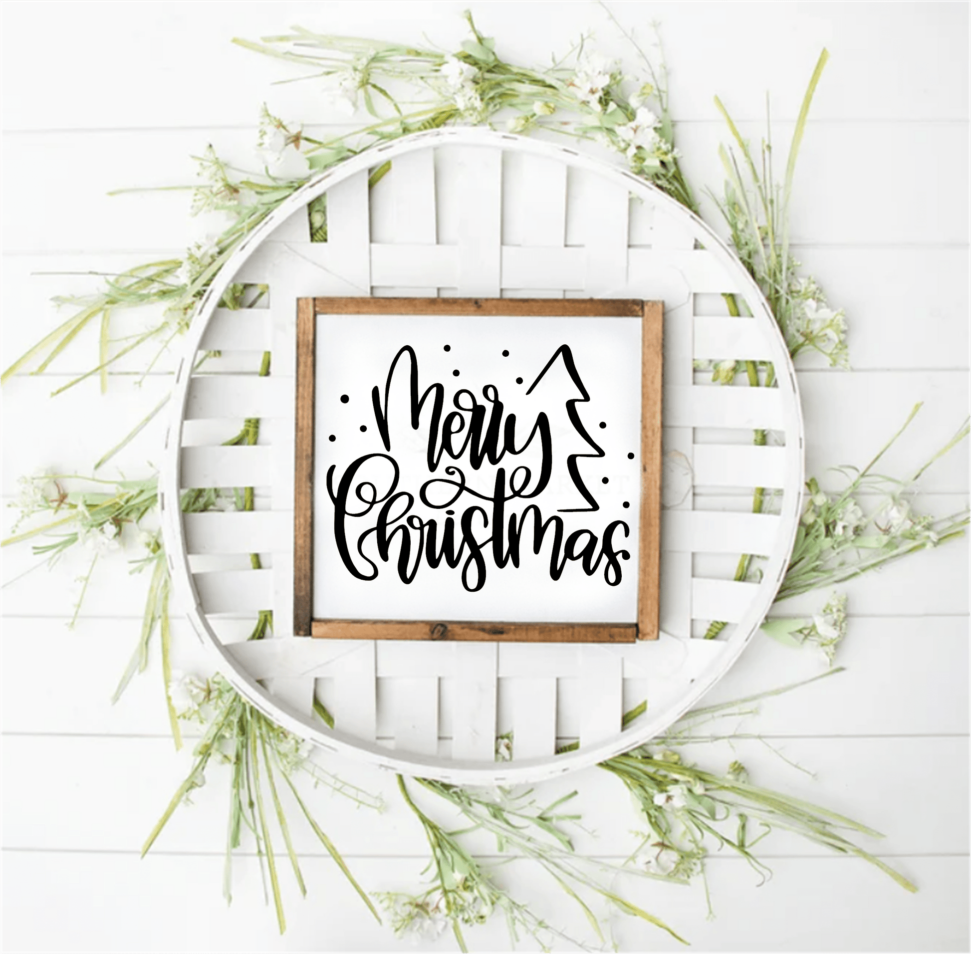 Handmade Merry Christmas wood framed sign with antique white background, black lettering, and pine wood frame.