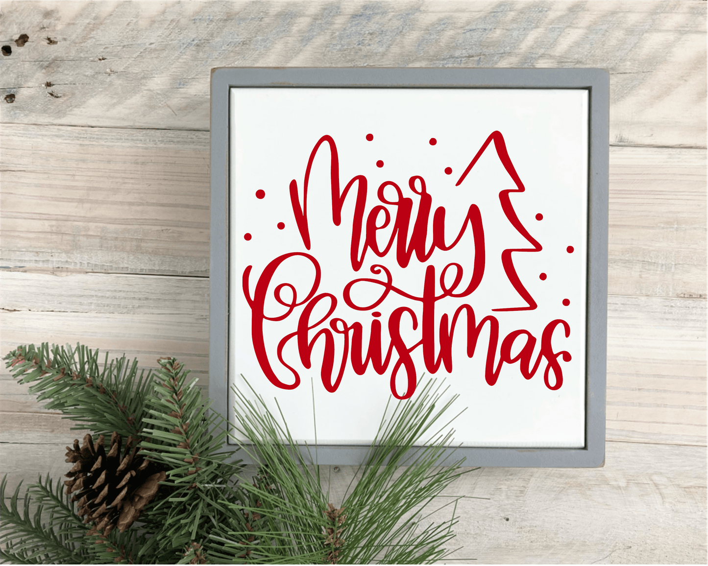 Merry Christmas handmade wood framed sign, festive decor with red lettering, pine wood, and antique white background.