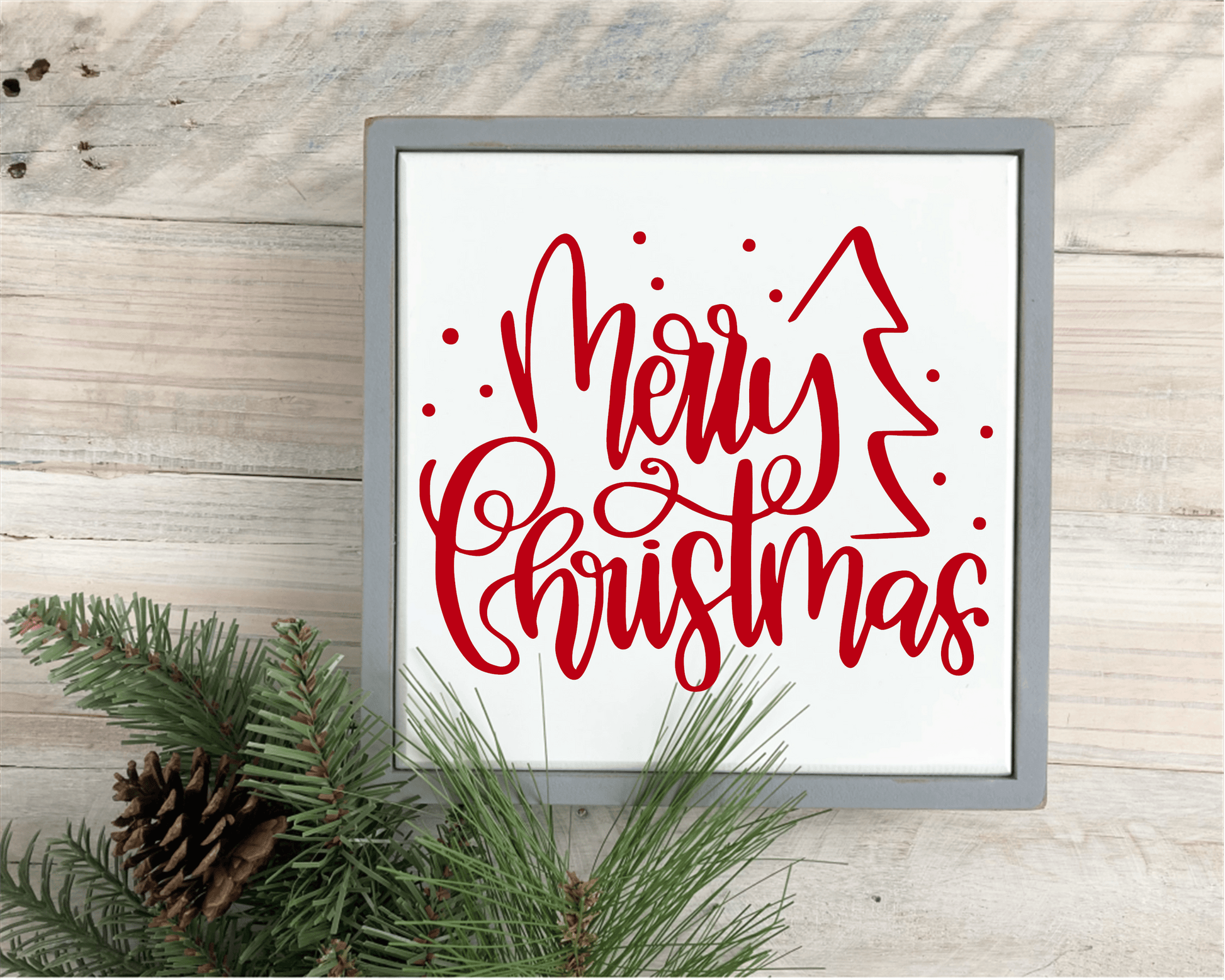 Merry Christmas handmade wood framed sign, festive decor with red lettering, pine wood, and antique white background.