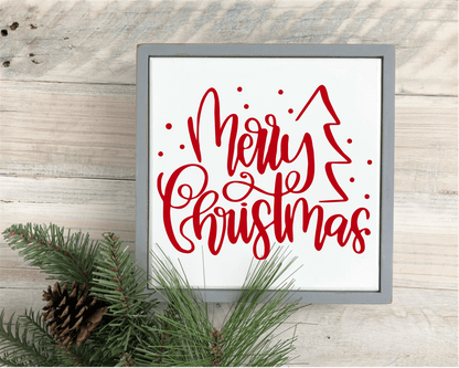 Merry Christmas handmade wood framed sign, festive decor with red lettering, pine wood, and antique white background.