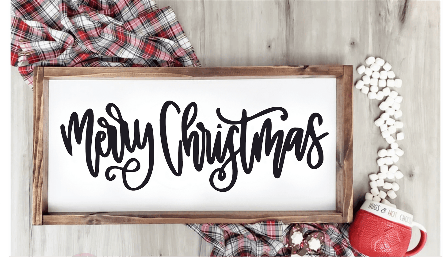Handmade Merry Christmas large wood sign with script lettering, framed in stained wood.