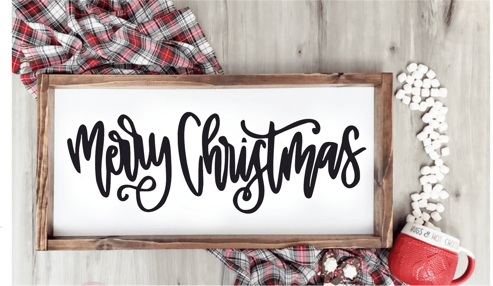 Handmade Merry Christmas large wood sign with script lettering, framed in stained wood.