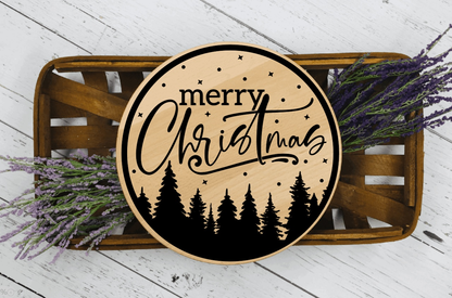 Merry Christmas round wood sign with pine tree design, handcrafted from solid knotty pine.