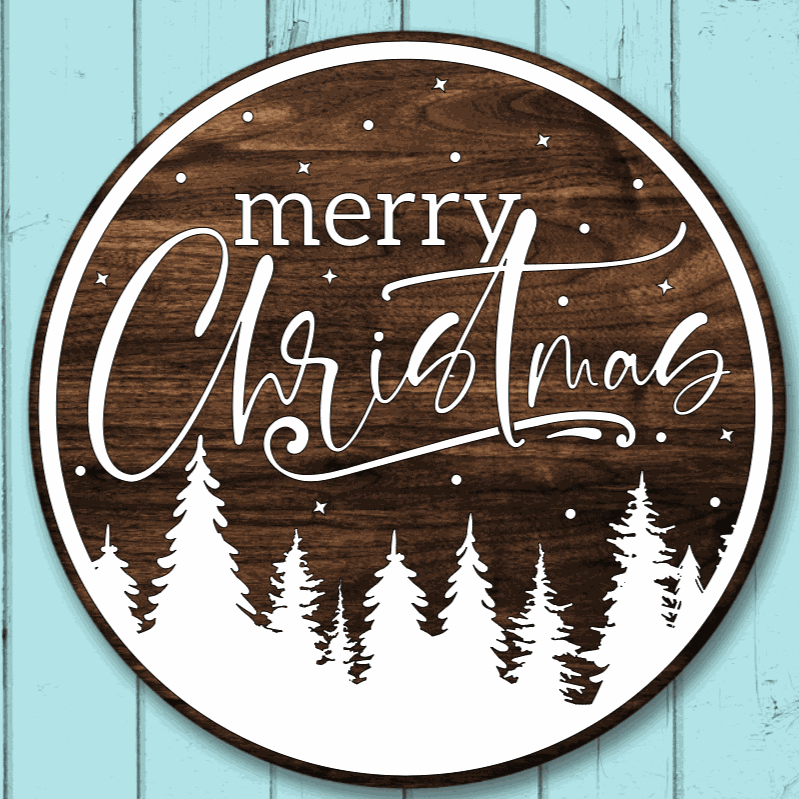 Merry Christmas round wood sign with pine tree silhouette, handcrafted from knotty pine.