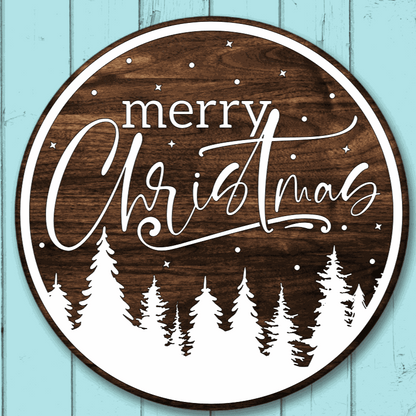 Merry Christmas round wood sign with pine tree silhouette, handcrafted from knotty pine.