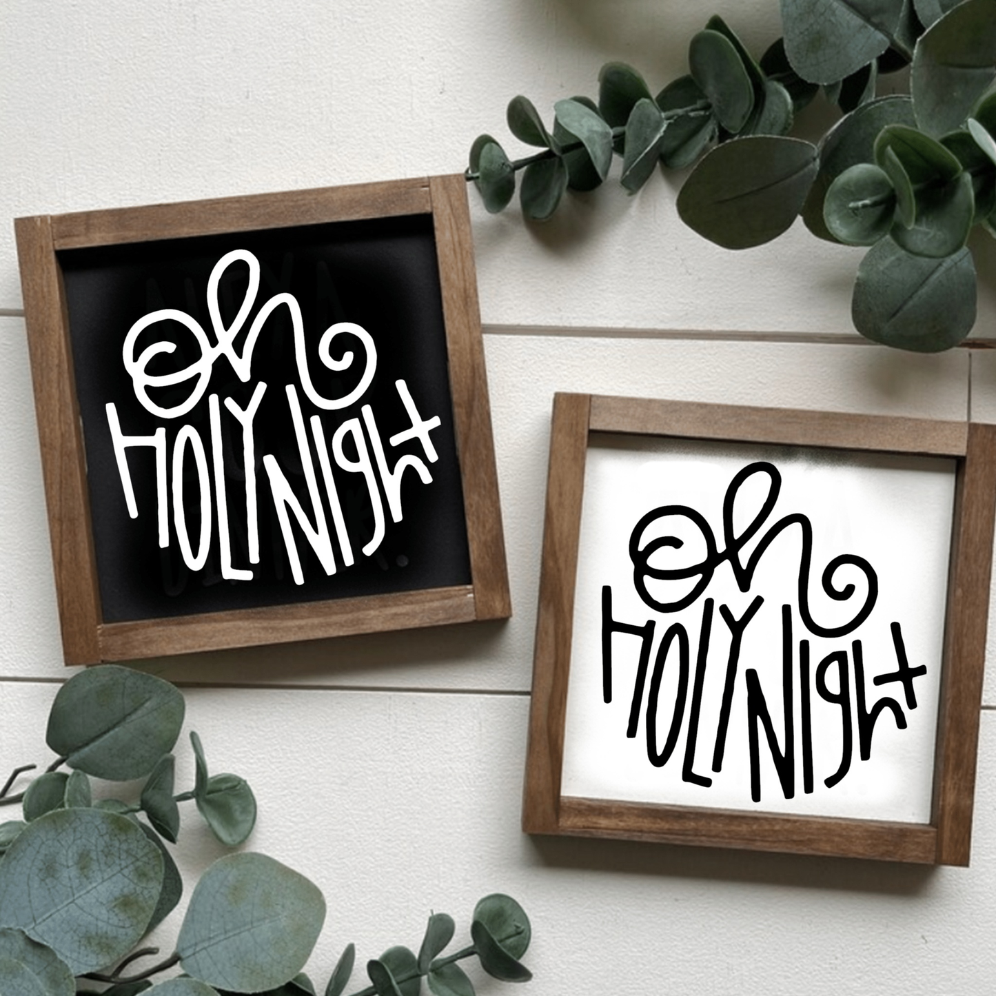 Handmade "Oh Holy Night" wood signs with black and white lettering, rustic frames, set against white and black backgrounds.