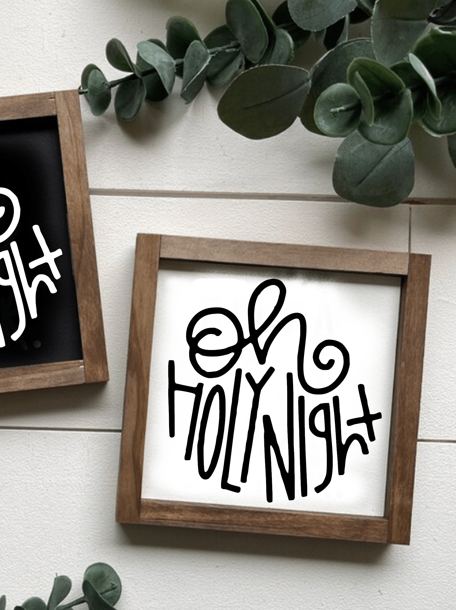 Oh Holy Night holiday wood sign with playful typography; handmade rustic decor with white and black color options.
