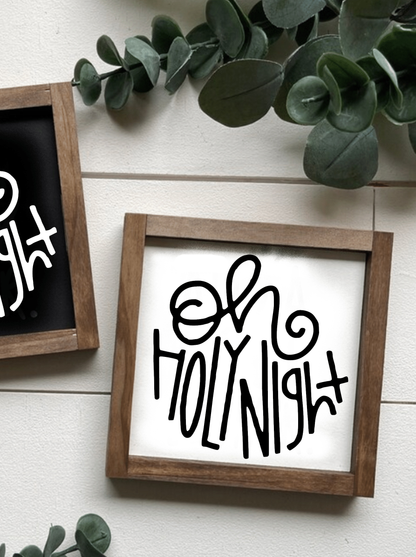 Oh Holy Night holiday wood sign with playful typography; handmade rustic decor with white and black color options.