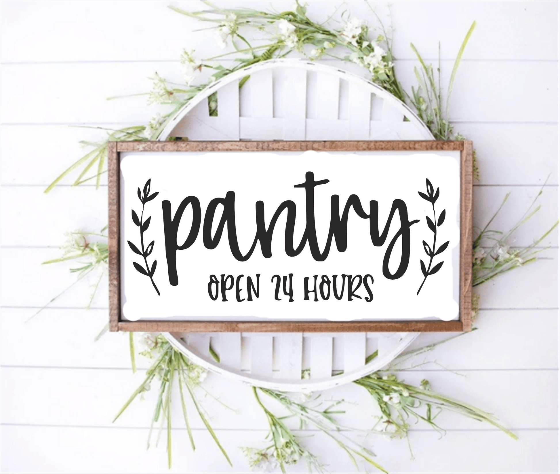 Wood framed pantry sign with "Open 24 Hours" text, farmhouse style, wall hanging.