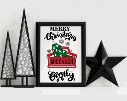 Personalized Merry Christmas wood sign with family name, featuring a festive truck design.