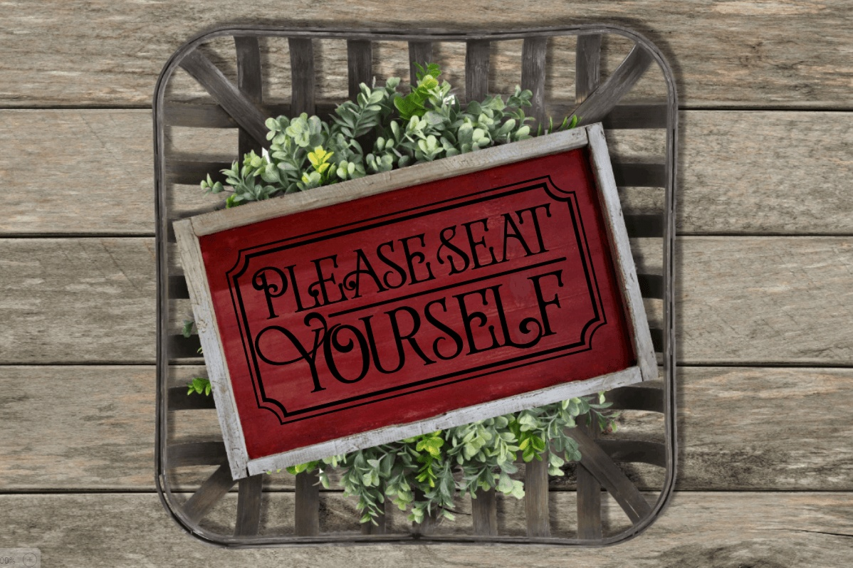 Handcrafted wood bathroom sign with "Please Seat Yourself" text, framed with customizable options.