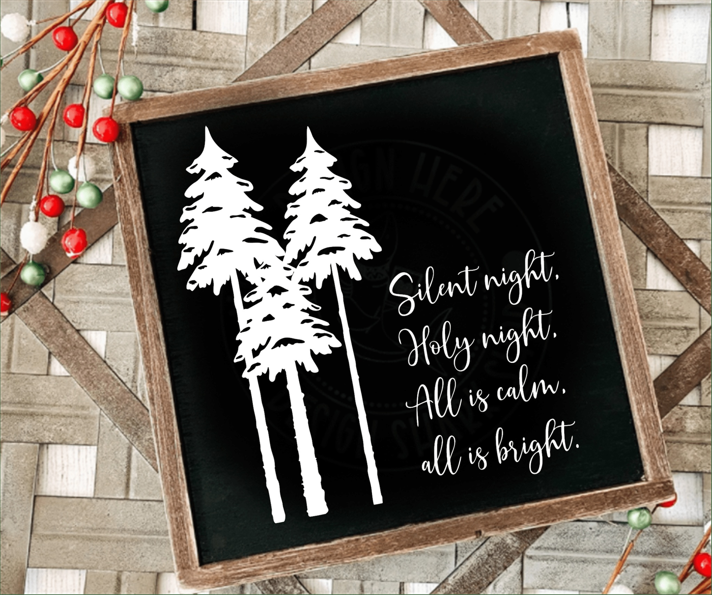 Silent Night, Holy Night wood sign with black background and pine tree design.