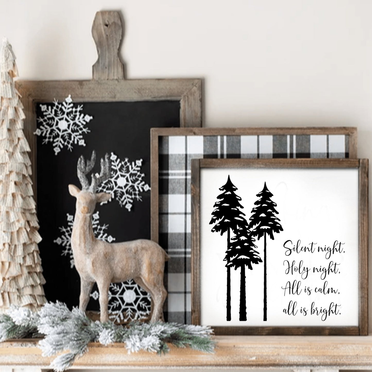 Silent Night, Holy Night wood sign with pine tree design, framed in stained pine, perfect for Christmas decor.