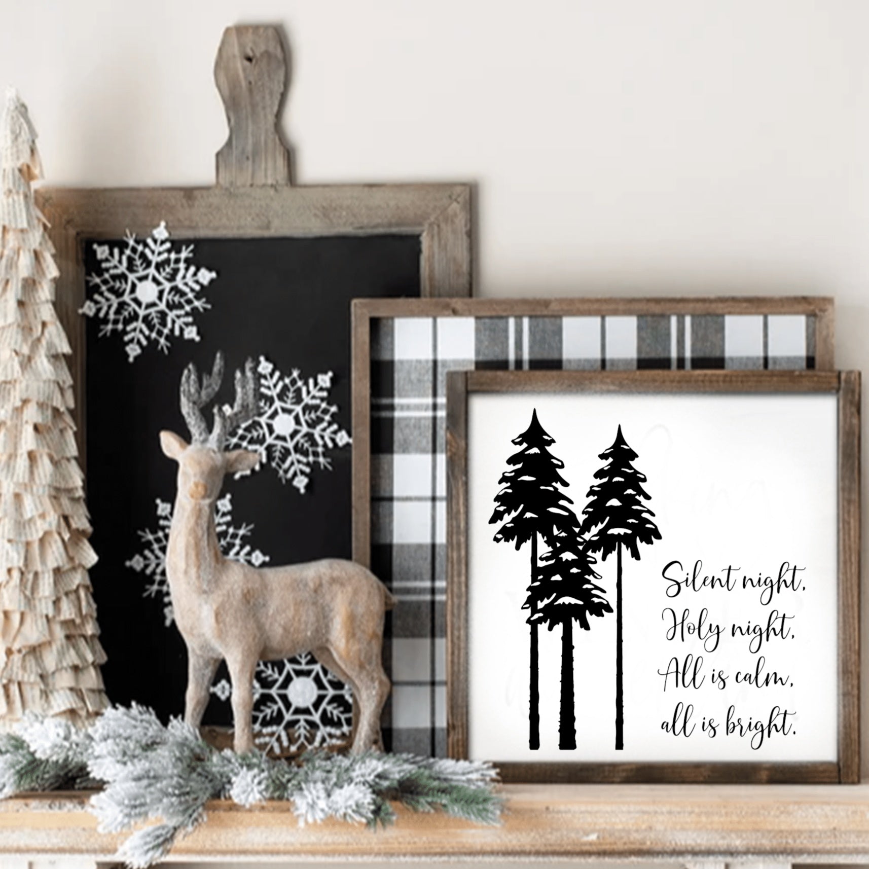 Silent Night, Holy Night wood sign with pine tree design, framed in stained pine, perfect for Christmas decor.