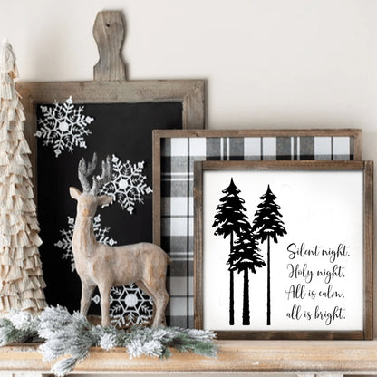 Silent Night, Holy Night wood sign with pine tree design, framed in stained pine, perfect for Christmas decor.