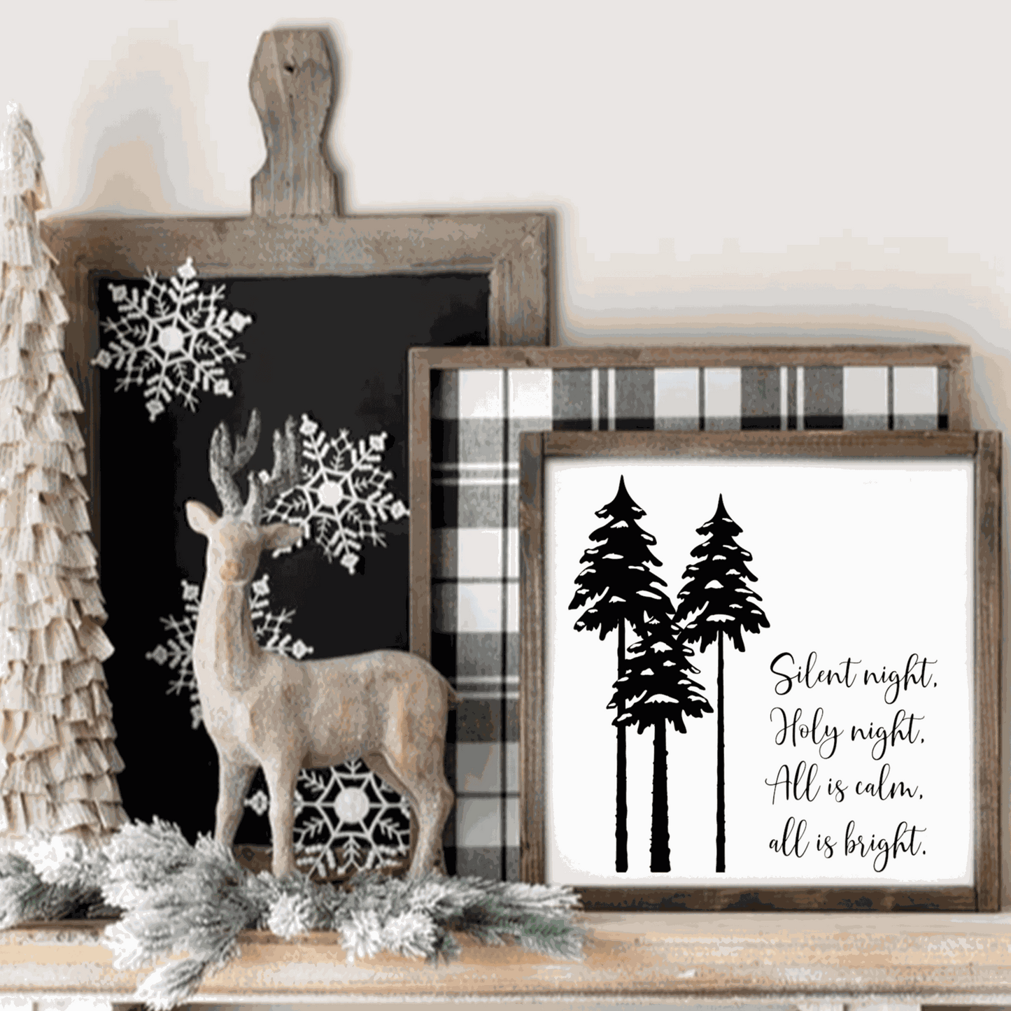 Framed "Silent Night, Holy Night" wood sign with tree design, perfect for holiday decor.