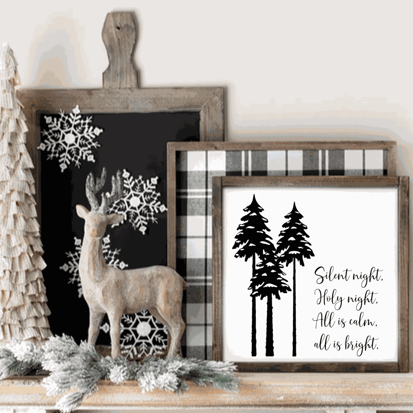 Framed "Silent Night, Holy Night" wood sign with tree design, perfect for holiday decor.
