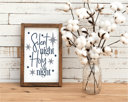 Silent Night Holy Night framed wood sign with white background and blue lettering, stained pine frame.