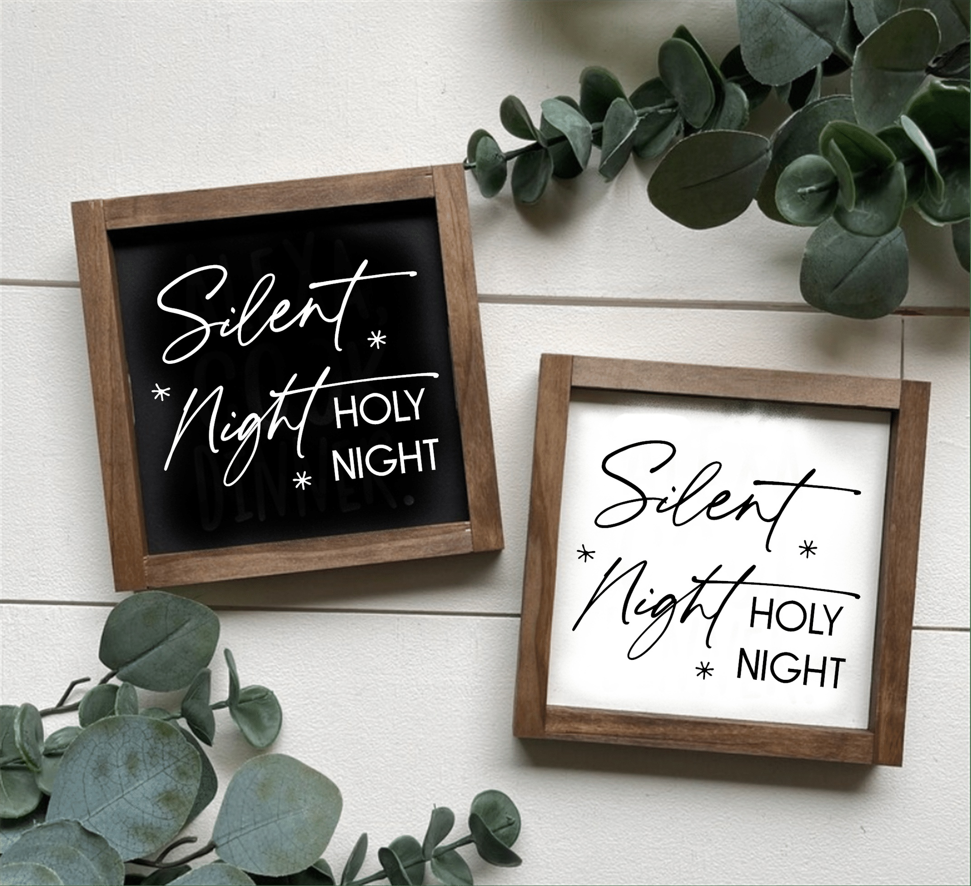 Handmade "Silent Night, Holy Night" wood signs with framed stained pine, available in black or white background, ideal for holiday decor.